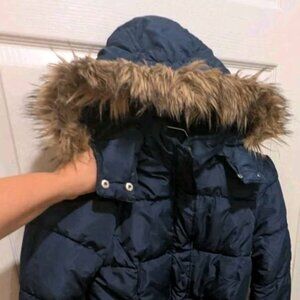 AEROPOSTALE Belted Fur-Trim Puffer Navy Coat Winter Jacket NWT Plaid Liner size